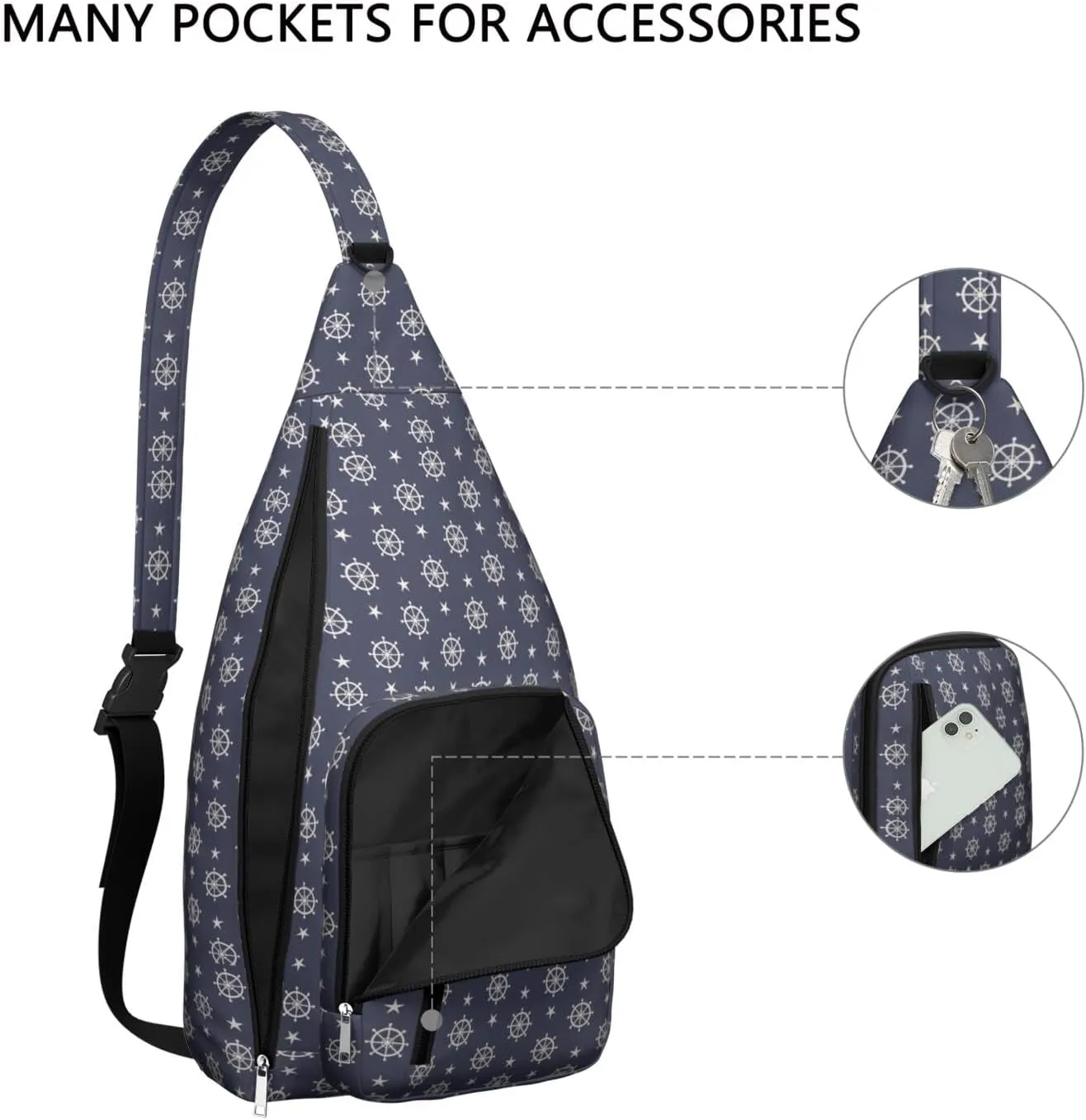 Sea Nautical Wheels Stars Pattern Crossbody Bag Daypack for Women Men Lightweight Waterproof Sling Bag Backpack Hiking Cycling