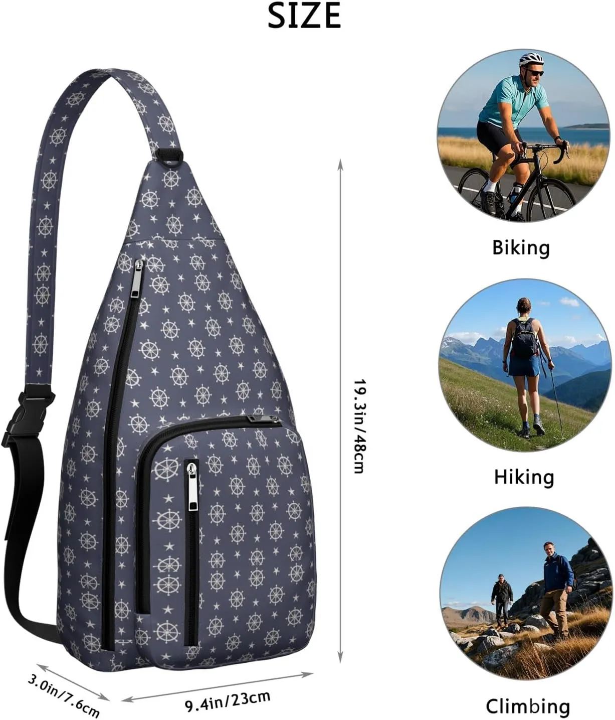 Sea Nautical Wheels Stars Pattern Crossbody Bag Daypack for Women Men Lightweight Waterproof Sling Bag Backpack Hiking Cycling