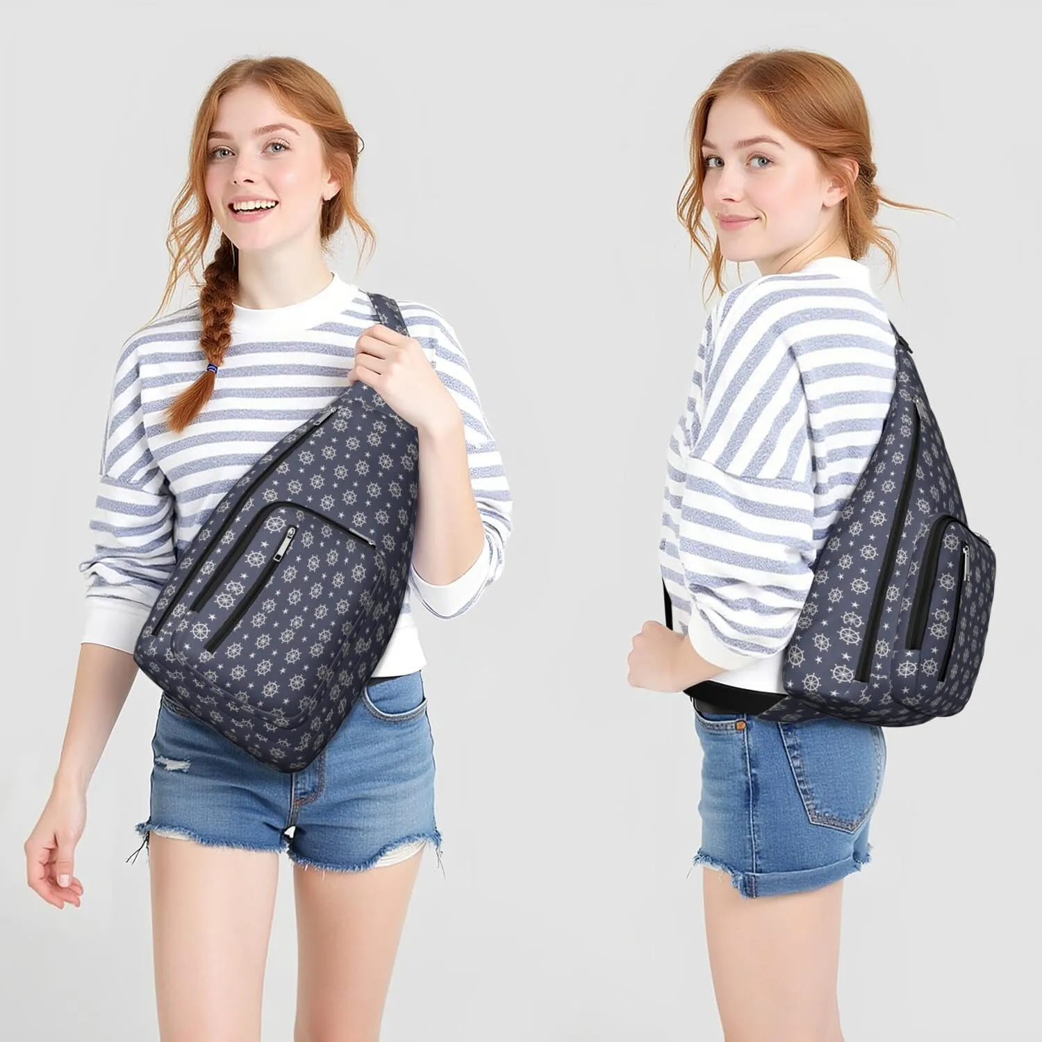 Sea Nautical Wheels Stars Pattern Crossbody Bag Daypack for Women Men Lightweight Waterproof Sling Bag Backpack Hiking Cycling