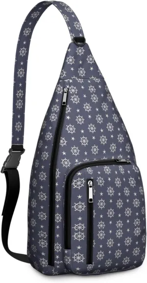 Sea Nautical Wheels Stars Pattern Crossbody Bag Daypack for Women Men Lightweight Waterproof Sling Bag Backpack Hiking Cycling