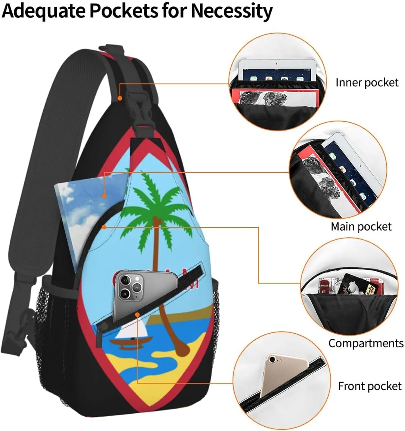 Seal Of Guam Sling Backpack Chest Daypack Crossbody Crossbody Shoulder Bags For Travel Sports Running Hiking, Black