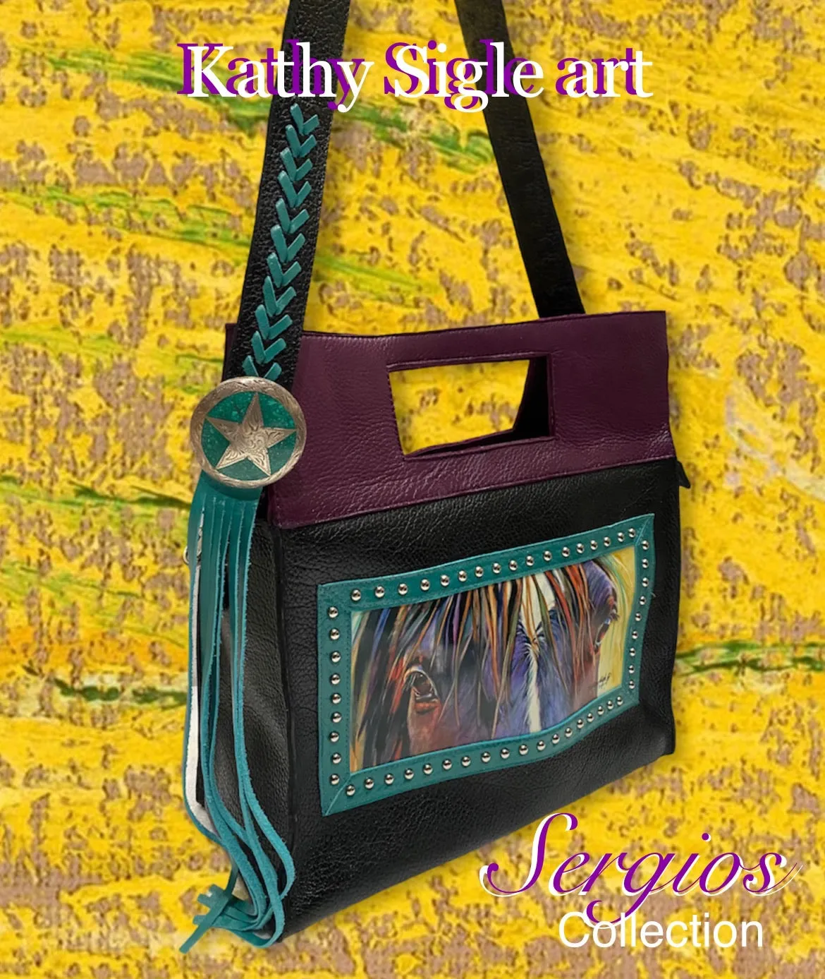Sergios Collection featuring Kathy Sigle artist top handle and crossbody limited edition tote
