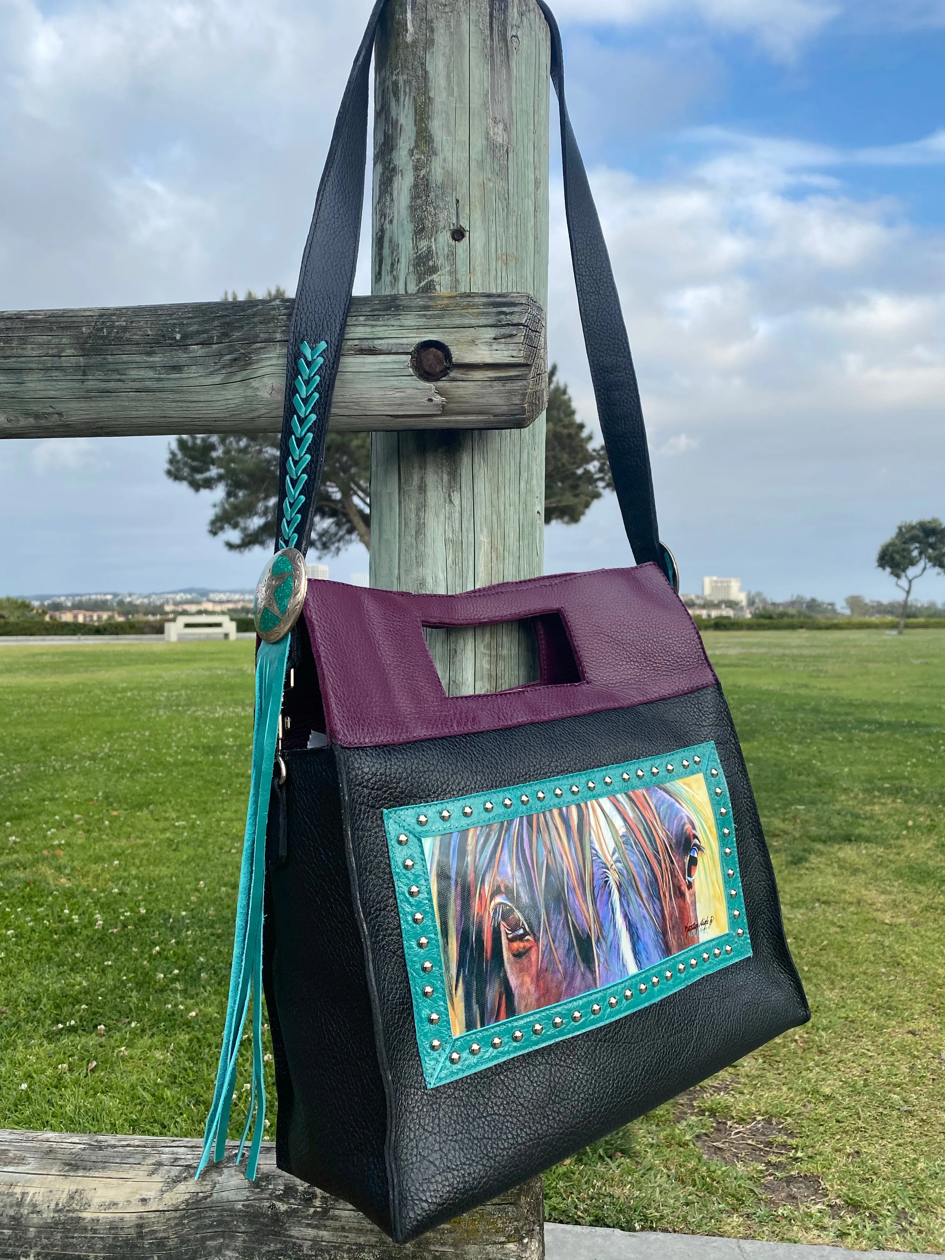 Sergios Collection featuring Kathy Sigle artist top handle and crossbody limited edition tote