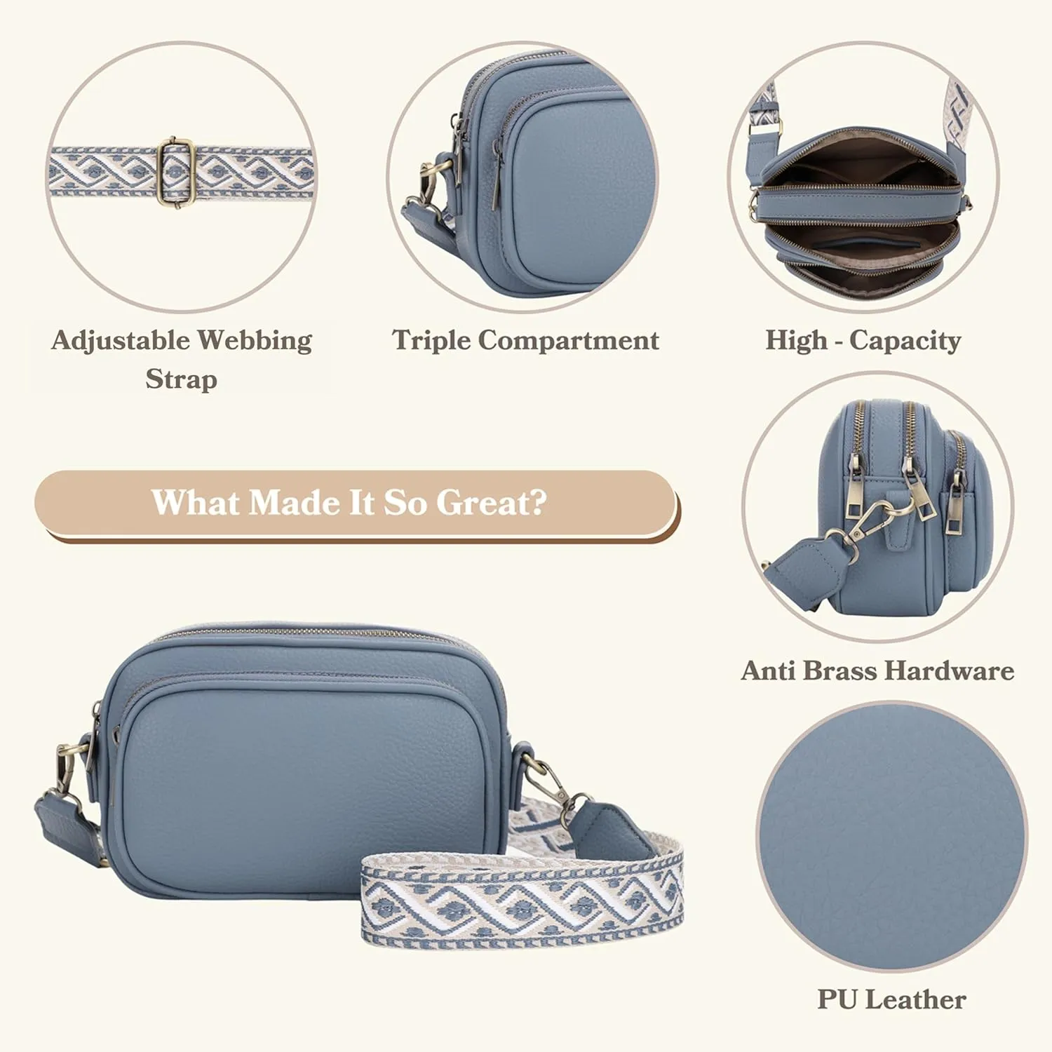 SG SUGU Small Crossbody Bag for Women, Triple Compartment Shoulder Handbags with Adjustable Strap, Camera Purse for Everyday
