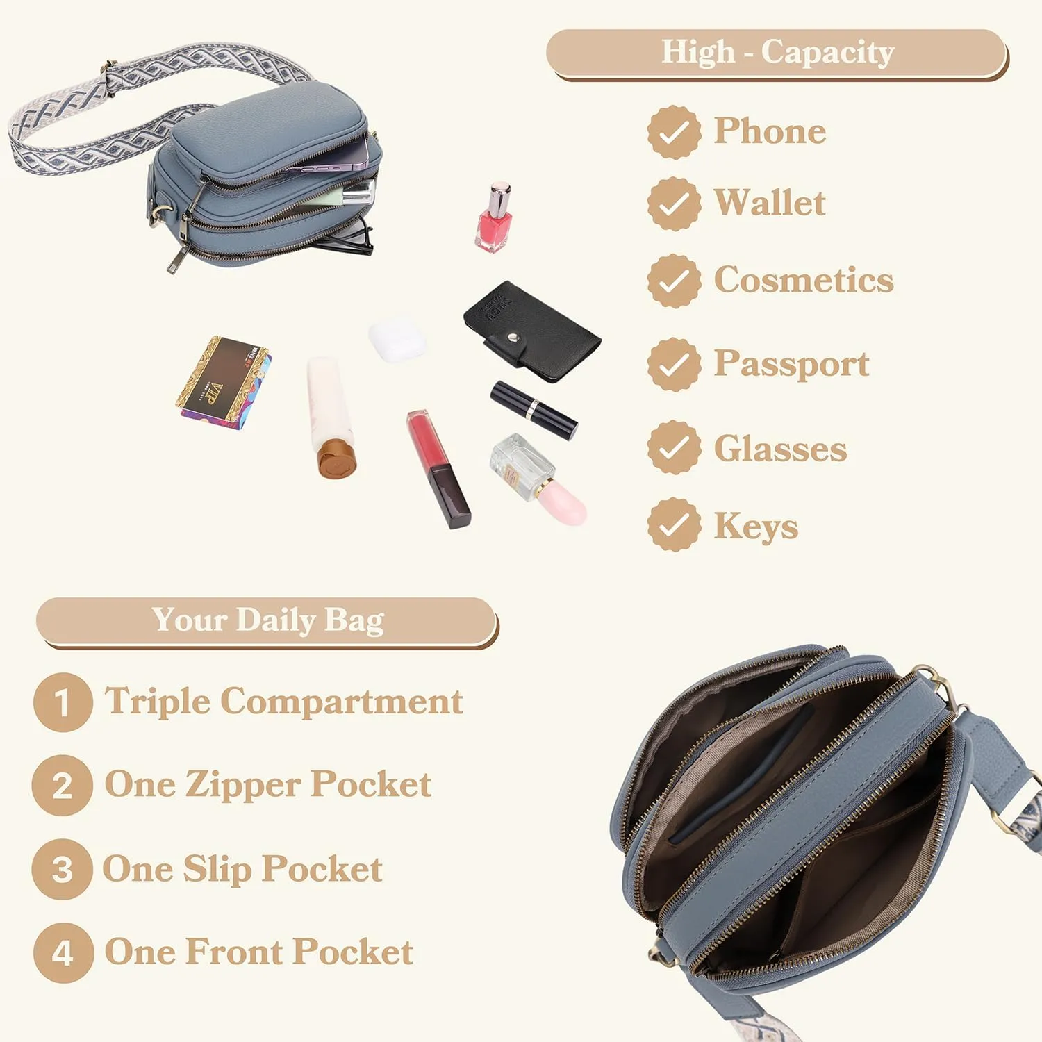 SG SUGU Small Crossbody Bag for Women, Triple Compartment Shoulder Handbags with Adjustable Strap, Camera Purse for Everyday