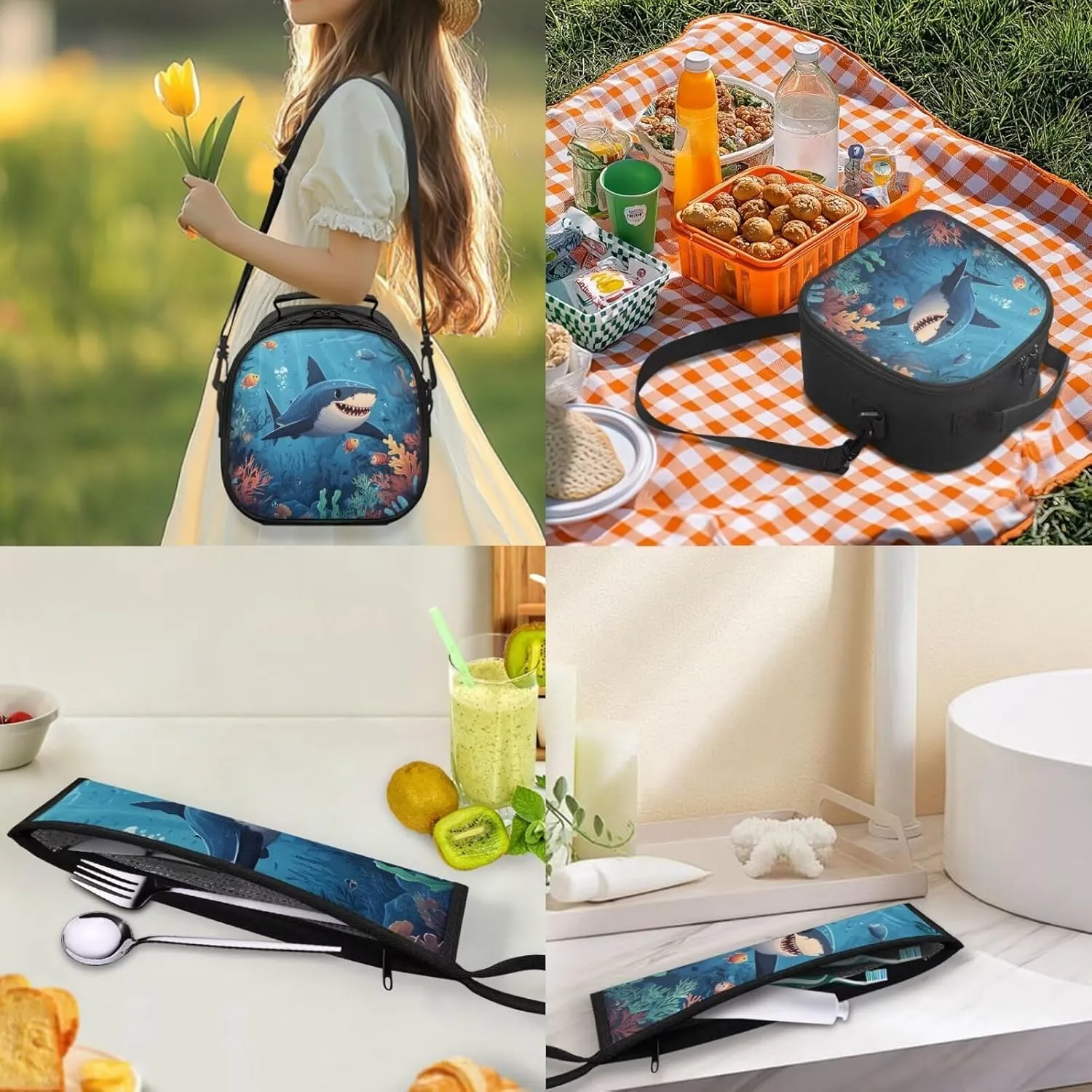 Shark Lunch Bag Kids Boy with Tableware Carrying Bag Set for Knife Fork Spoons Durable Lightweight Kid Lunch Containers and Chopsticks Pouch for School