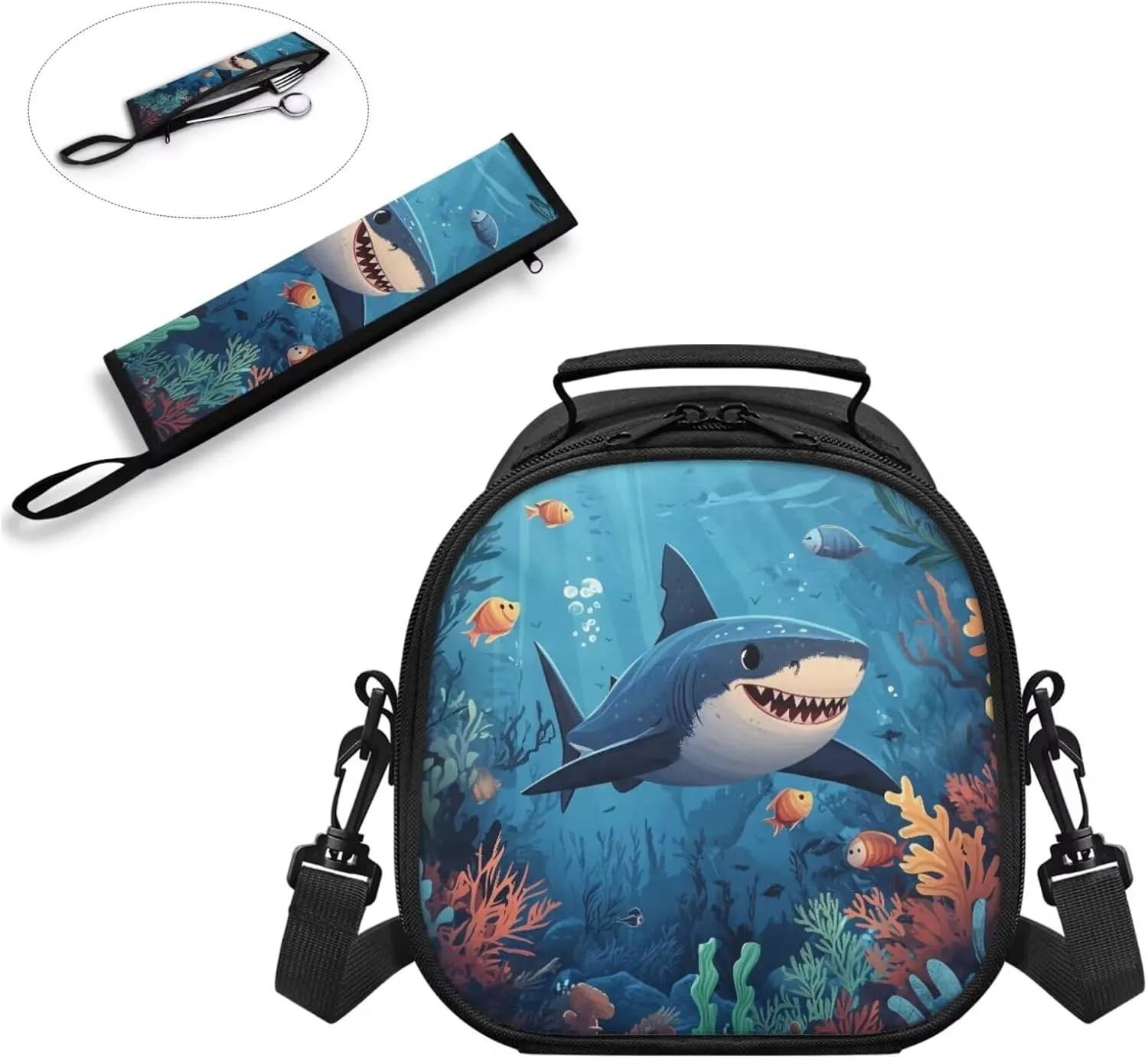 Shark Lunch Bag Kids Boy with Tableware Carrying Bag Set for Knife Fork Spoons Durable Lightweight Kid Lunch Containers and Chopsticks Pouch for School