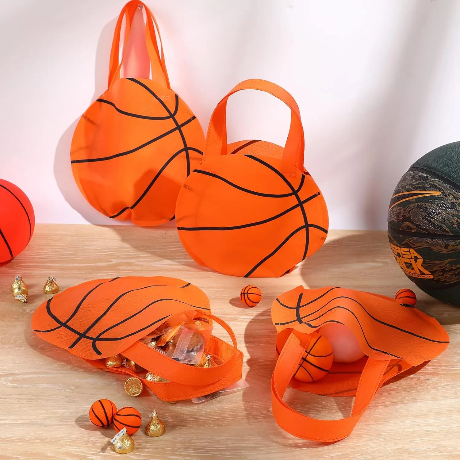 Shihanee 24 Pcs Basketball Party Favor Bags, Basketball Themed Candy Bags, Non Woven Gift Handbags for Sport Theme Party Supplies
