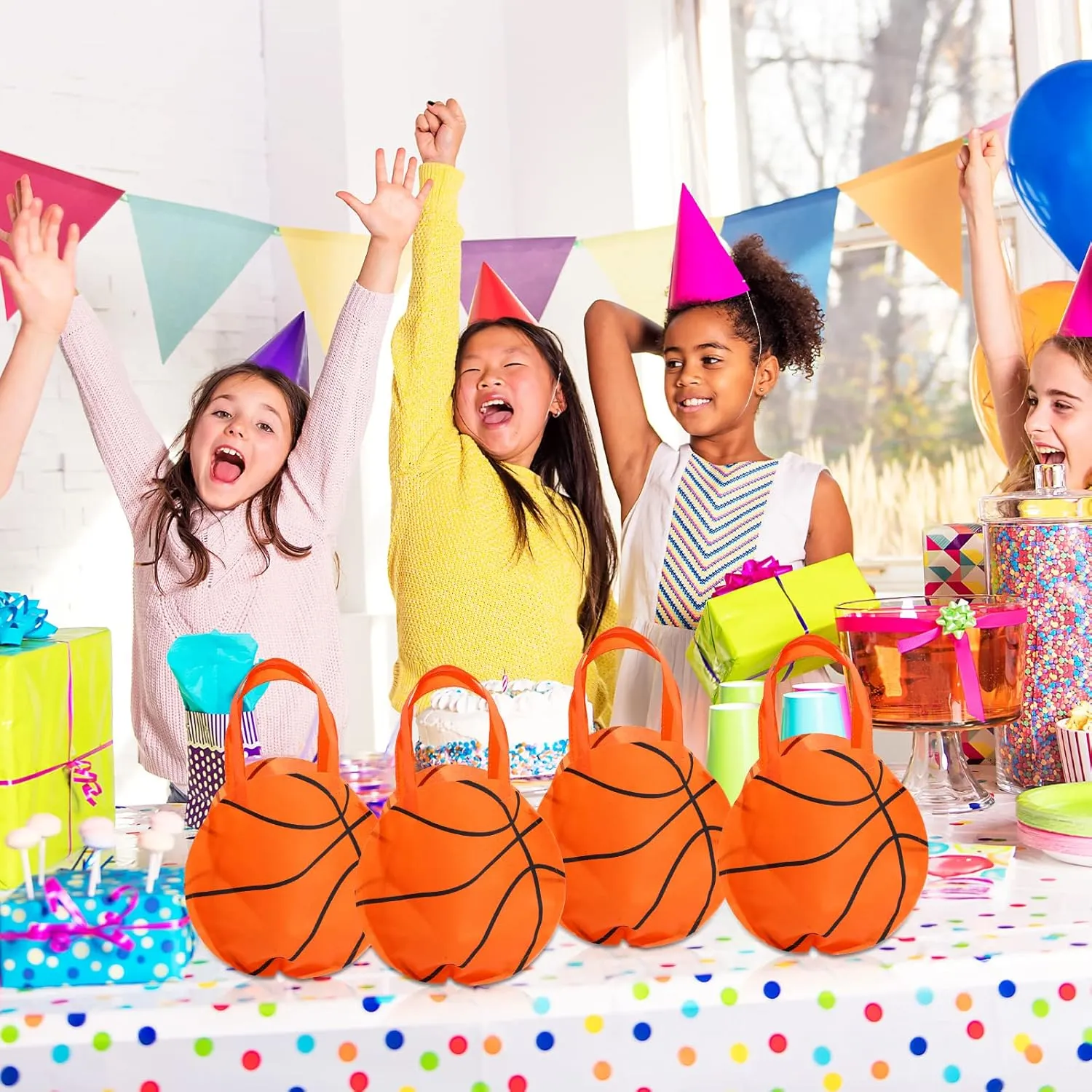 Shihanee 24 Pcs Basketball Party Favor Bags, Basketball Themed Candy Bags, Non Woven Gift Handbags for Sport Theme Party Supplies