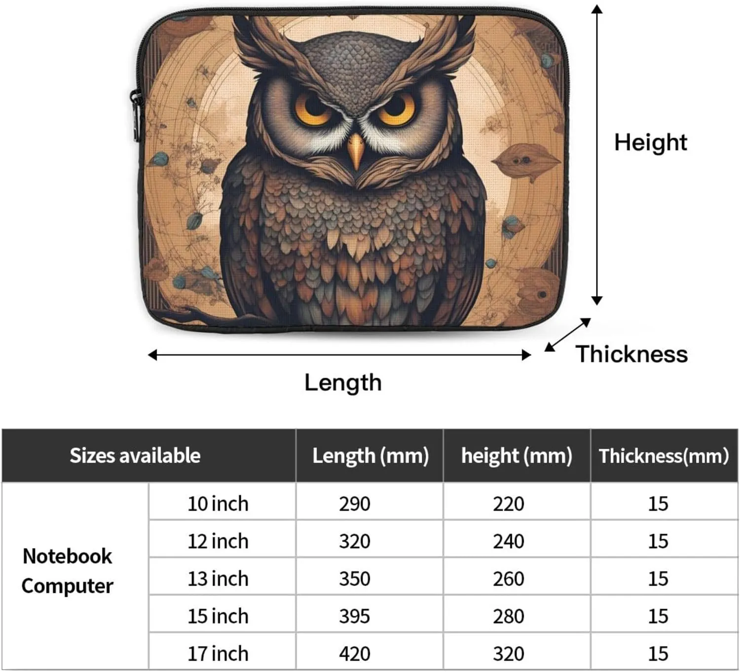 Shockproof Portable Laptop Sleeve Bag 17 inch - for Men and Women Business Travel, School, and Office Use Owl Beliefs Prints