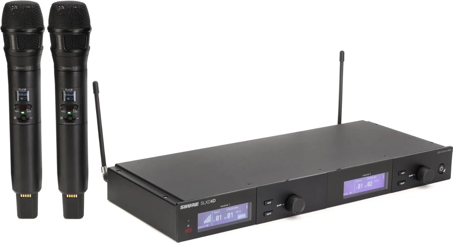Shure SLXD24D/N8CB Dual Channel Wireless Microphone System - Includes Two SLXD2 Handheld Transmitters with Nexadyne 8/S Vocal Mic Capsules, SLXD4D Rack Mount Receiver | G58 Band (SLXD24D/N8SB-G58)