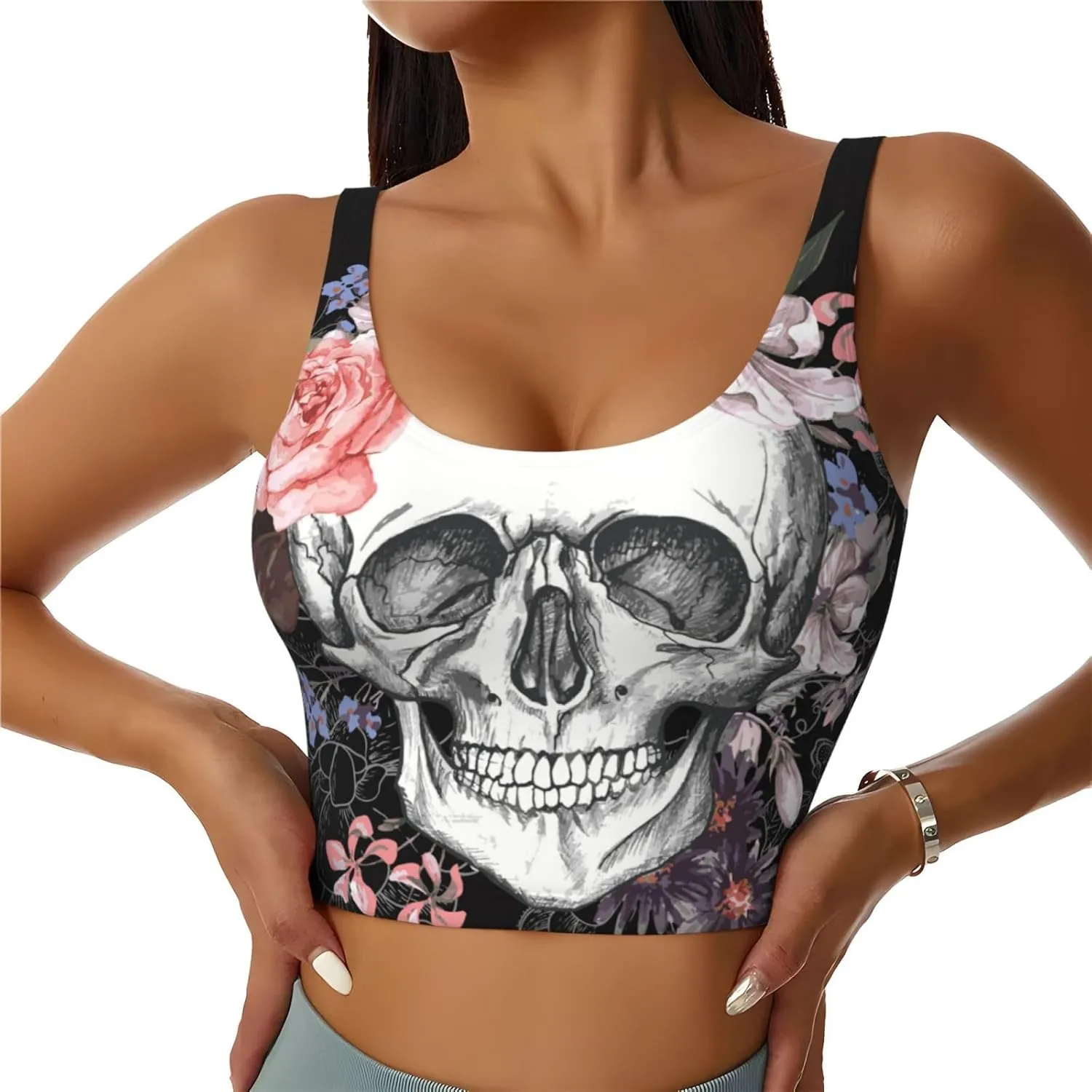 Skull and Floral Dead Sports Bras for Women Yoga Comfort Seamless Stretchy with Removable Pads