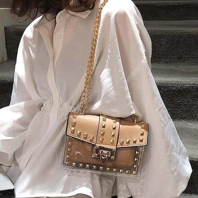 Small clear Brand Designer Woman 2019 New Fashion Messenger Bag Chains Shoulder Bag Female Rivets Transparent Square PU Handbag
