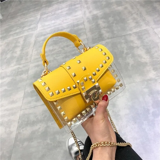 Small clear Brand Designer Woman 2019 New Fashion Messenger Bag Chains Shoulder Bag Female Rivets Transparent Square PU Handbag