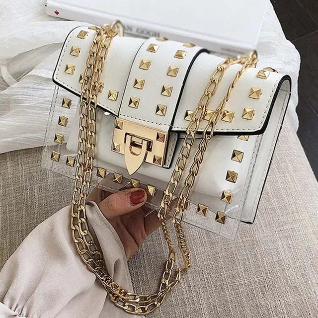 Small clear Brand Designer Woman 2019 New Fashion Messenger Bag Chains Shoulder Bag Female Rivets Transparent Square PU Handbag