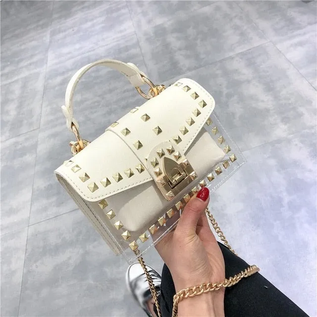 Small clear Brand Designer Woman 2019 New Fashion Messenger Bag Chains Shoulder Bag Female Rivets Transparent Square PU Handbag
