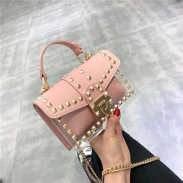 Small clear Brand Designer Woman 2019 New Fashion Messenger Bag Chains Shoulder Bag Female Rivets Transparent Square PU Handbag