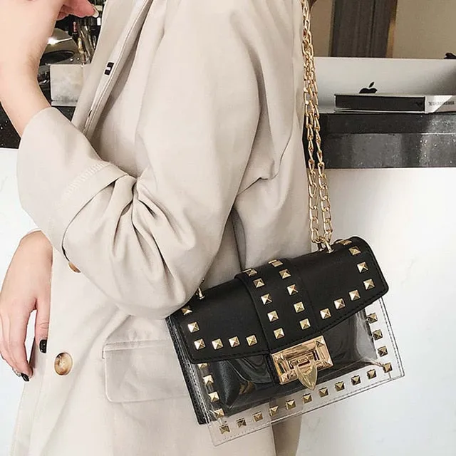 Small clear Brand Designer Woman 2019 New Fashion Messenger Bag Chains Shoulder Bag Female Rivets Transparent Square PU Handbag