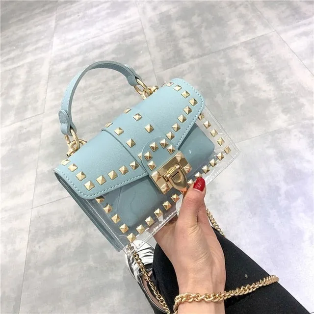 Small clear Brand Designer Woman 2019 New Fashion Messenger Bag Chains Shoulder Bag Female Rivets Transparent Square PU Handbag