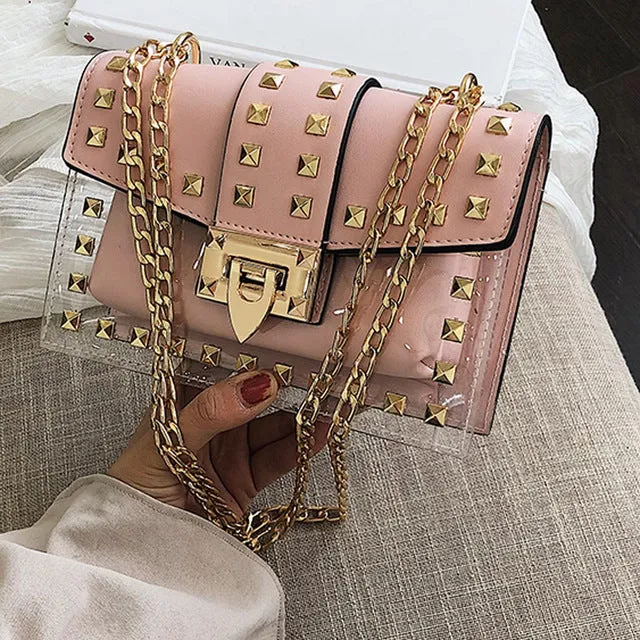Small clear Brand Designer Woman 2019 New Fashion Messenger Bag Chains Shoulder Bag Female Rivets Transparent Square PU Handbag