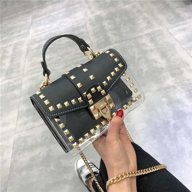 Small clear Brand Designer Woman 2019 New Fashion Messenger Bag Chains Shoulder Bag Female Rivets Transparent Square PU Handbag
