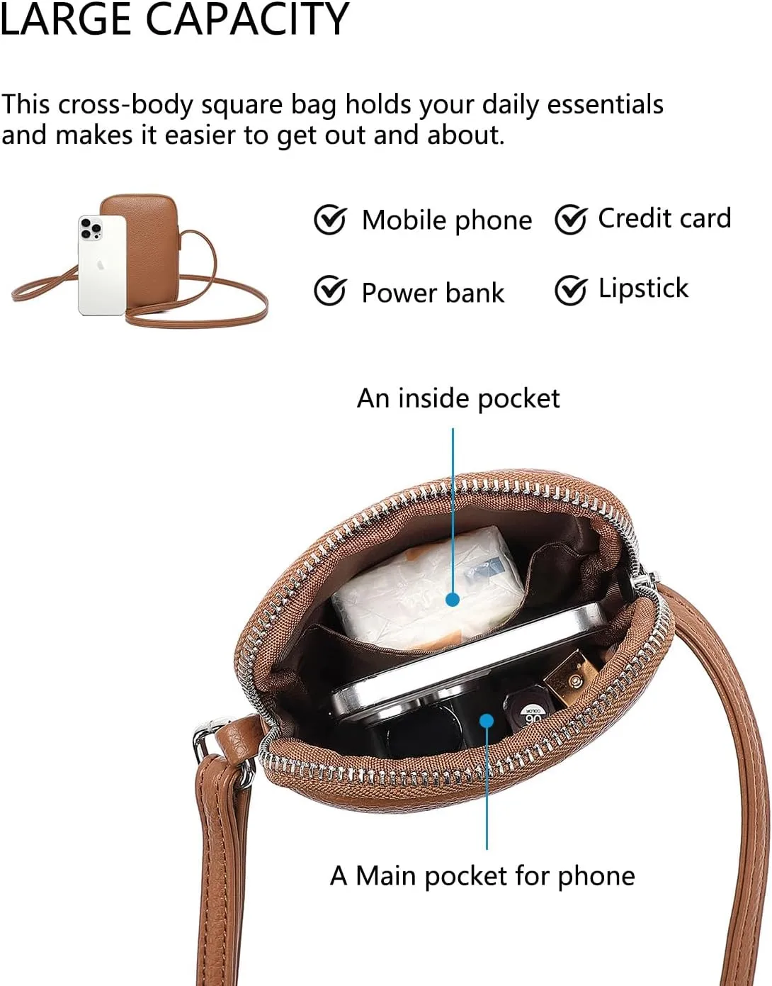Small Crossbody Purse Zipper Cell Phone Bag Mini Shoulder Purse Wallet Smart Phone Wallet with Credit Card Solts