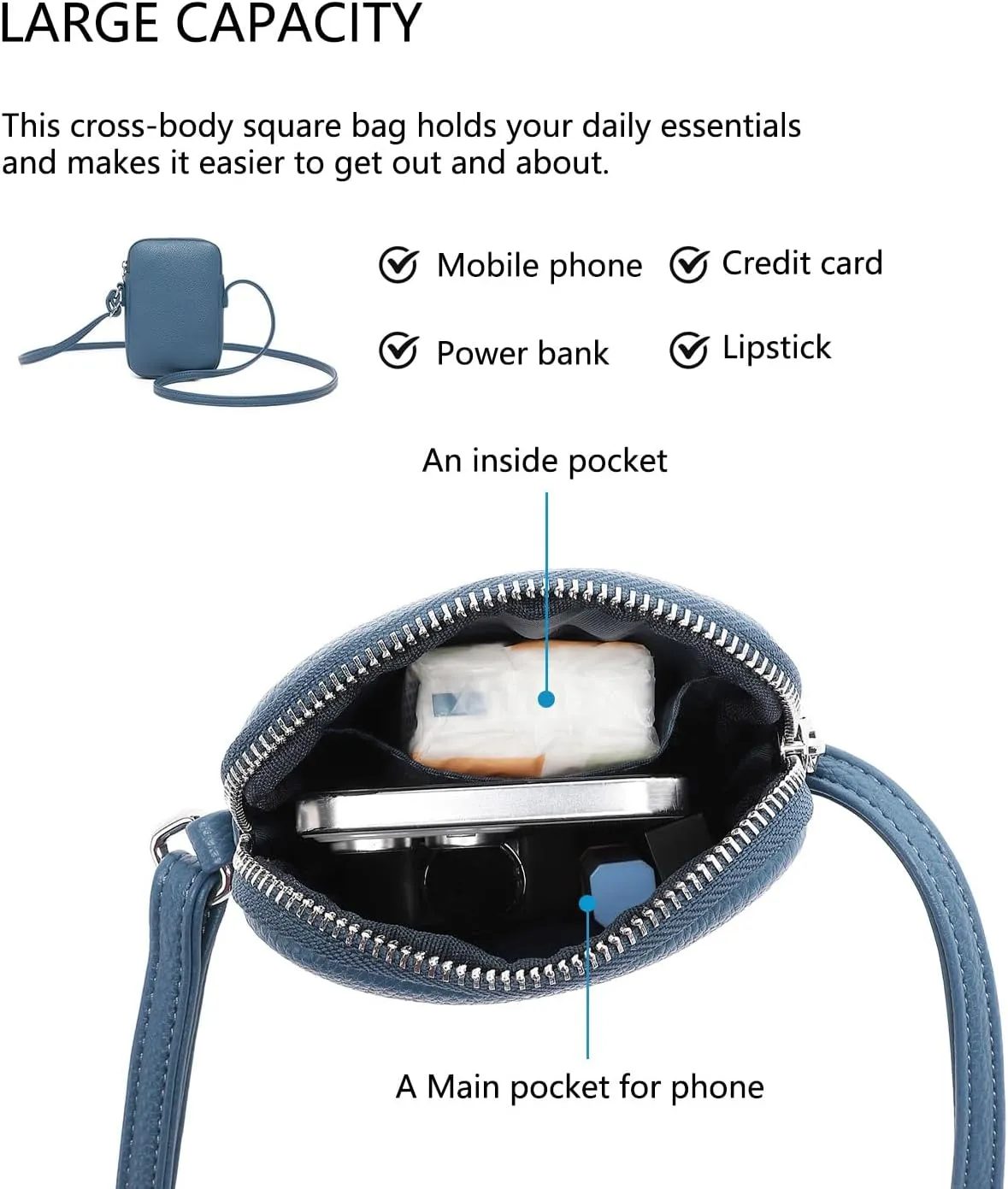 Small Crossbody Purse Zipper Cell Phone Bag Mini Shoulder Purse Wallet Smart Phone Wallet with Credit Card Solts