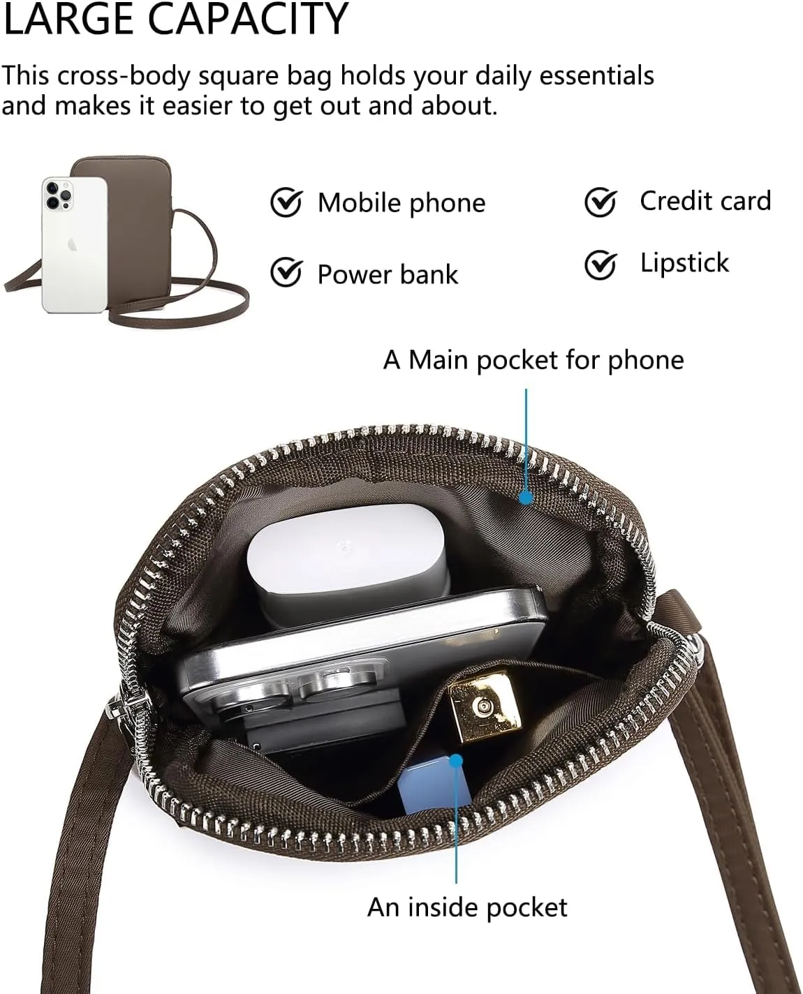 Small Crossbody Purse Zipper Cell Phone Bag Mini Shoulder Purse Wallet Smart Phone Wallet with Credit Card Solts