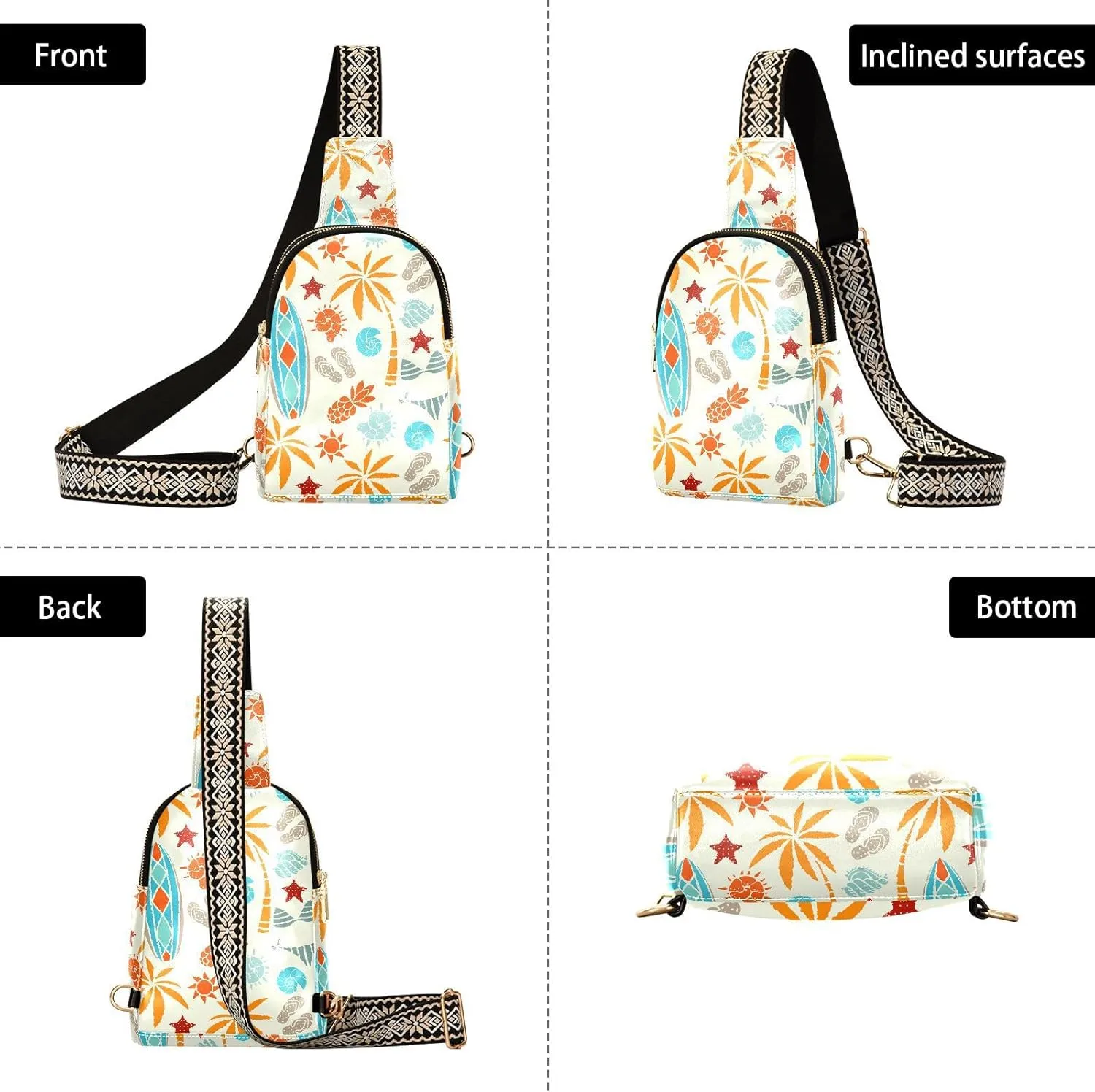 Small Sling Bag for Women Beach Surfing Leather Fanny Pack Crossbody Bag Tropical Sunrise Chest Bag Trendy Fashion Waist Packs for Outdoor Travel Sports Hiking