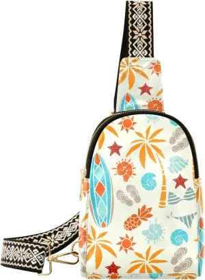 Small Sling Bag for Women Beach Surfing Leather Fanny Pack Crossbody Bag Tropical Sunrise Chest Bag Trendy Fashion Waist Packs for Outdoor Travel Sports Hiking