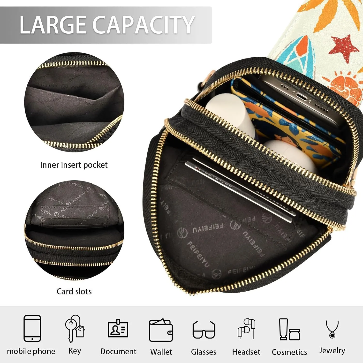 Small Sling Bag for Women Beach Surfing Leather Fanny Pack Crossbody Bag Tropical Sunrise Chest Bag Trendy Fashion Waist Packs for Outdoor Travel Sports Hiking