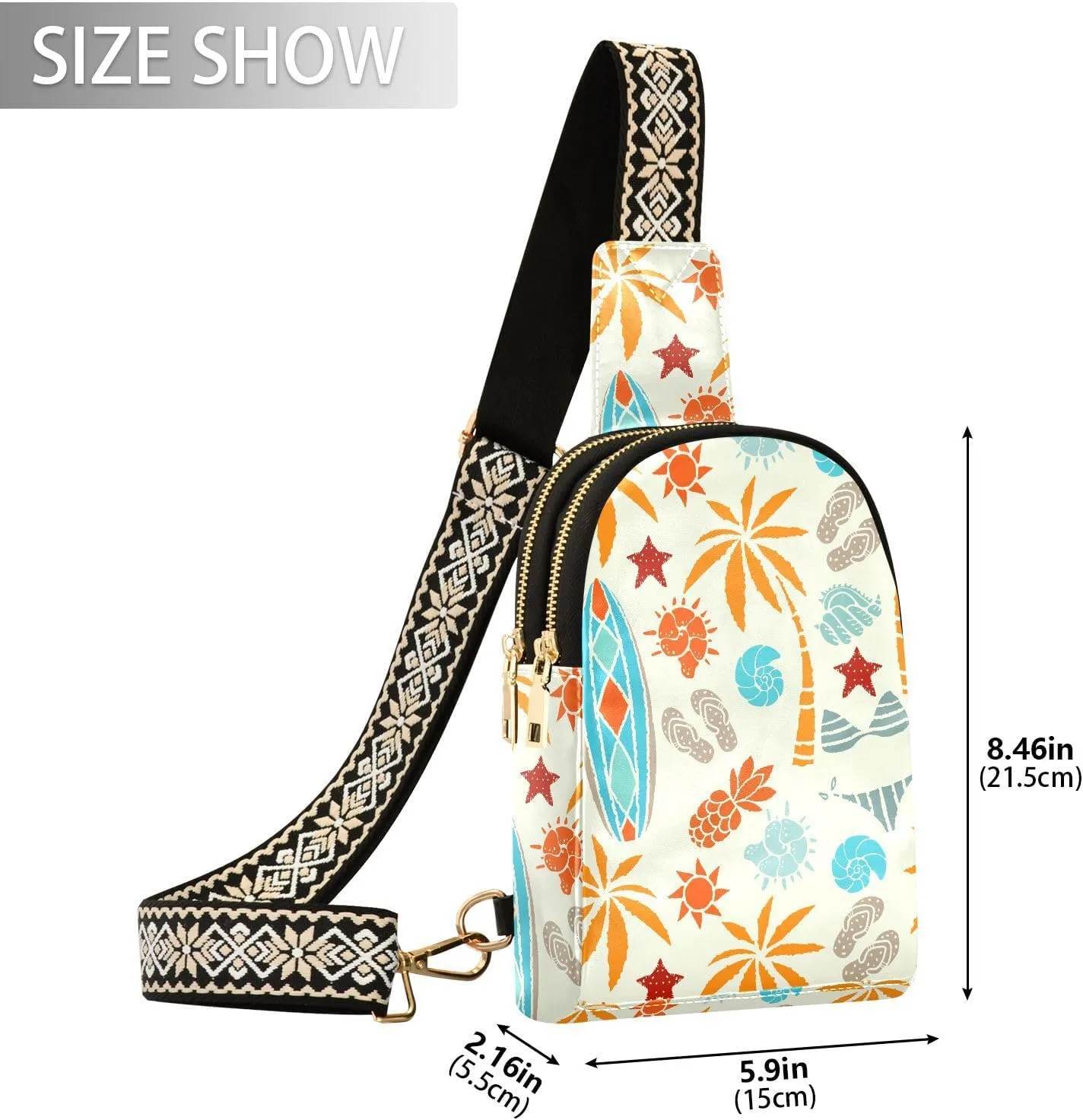 Small Sling Bag for Women Beach Surfing Leather Fanny Pack Crossbody Bag Tropical Sunrise Chest Bag Trendy Fashion Waist Packs for Outdoor Travel Sports Hiking