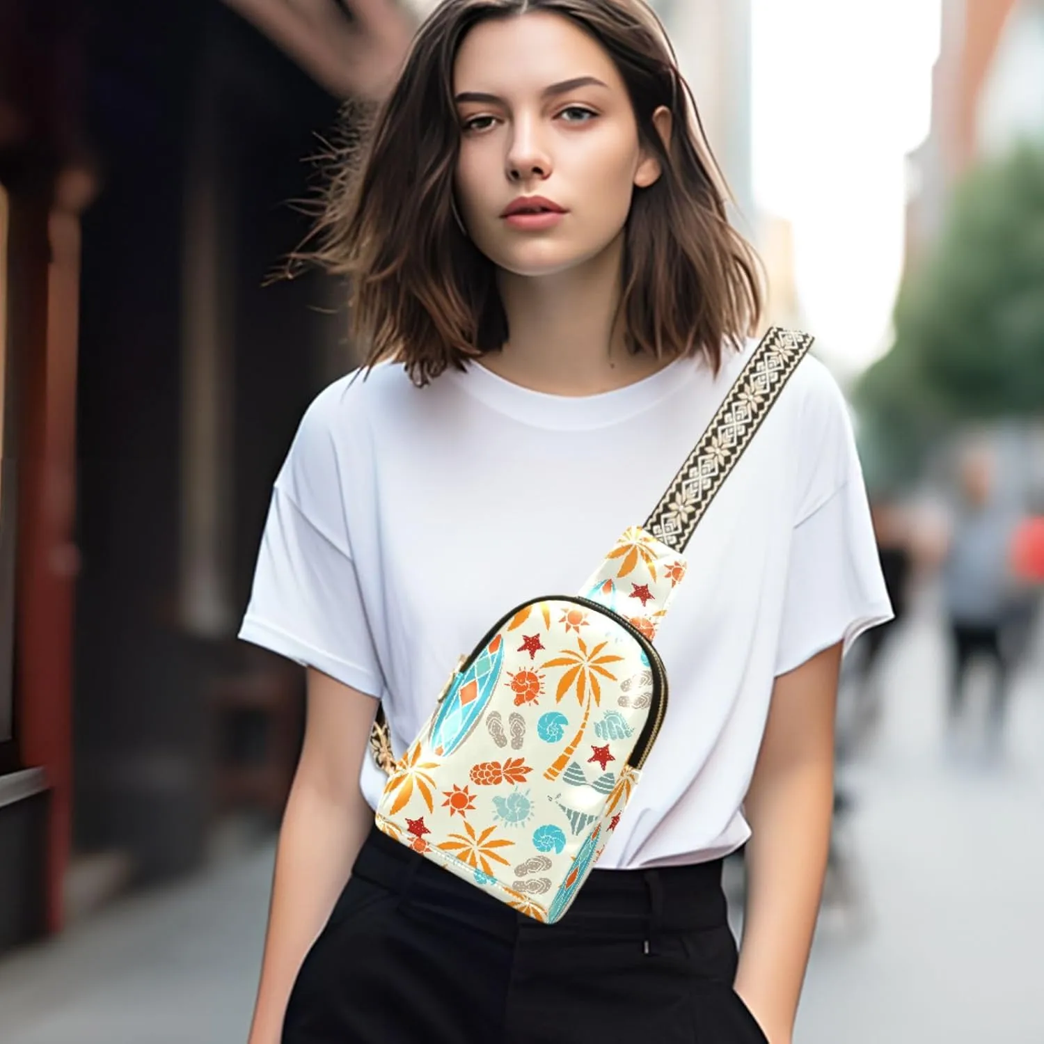Small Sling Bag for Women Beach Surfing Leather Fanny Pack Crossbody Bag Tropical Sunrise Chest Bag Trendy Fashion Waist Packs for Outdoor Travel Sports Hiking