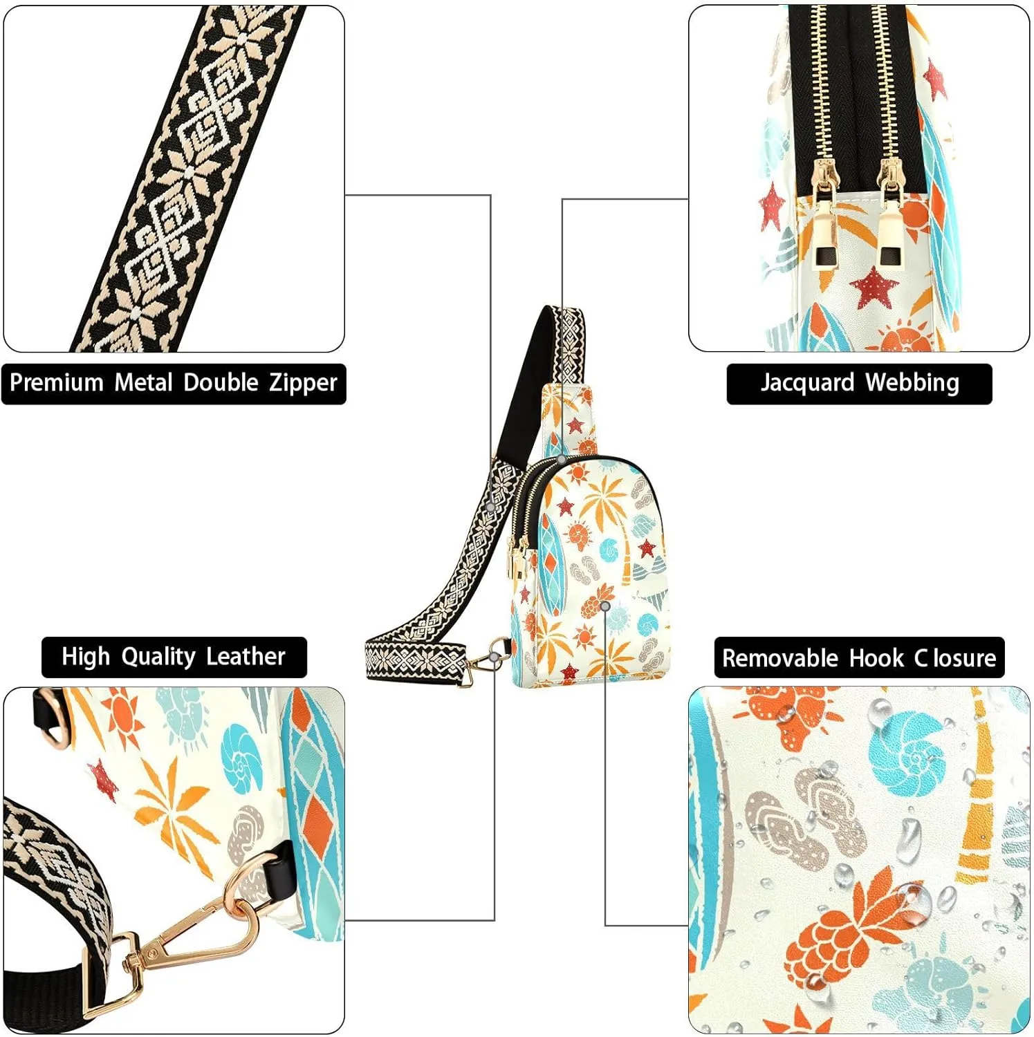 Small Sling Bag for Women Beach Surfing Leather Fanny Pack Crossbody Bag Tropical Sunrise Chest Bag Trendy Fashion Waist Packs for Outdoor Travel Sports Hiking