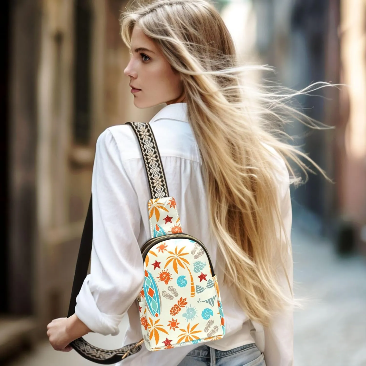 Small Sling Bag for Women Beach Surfing Leather Fanny Pack Crossbody Bag Tropical Sunrise Chest Bag Trendy Fashion Waist Packs for Outdoor Travel Sports Hiking