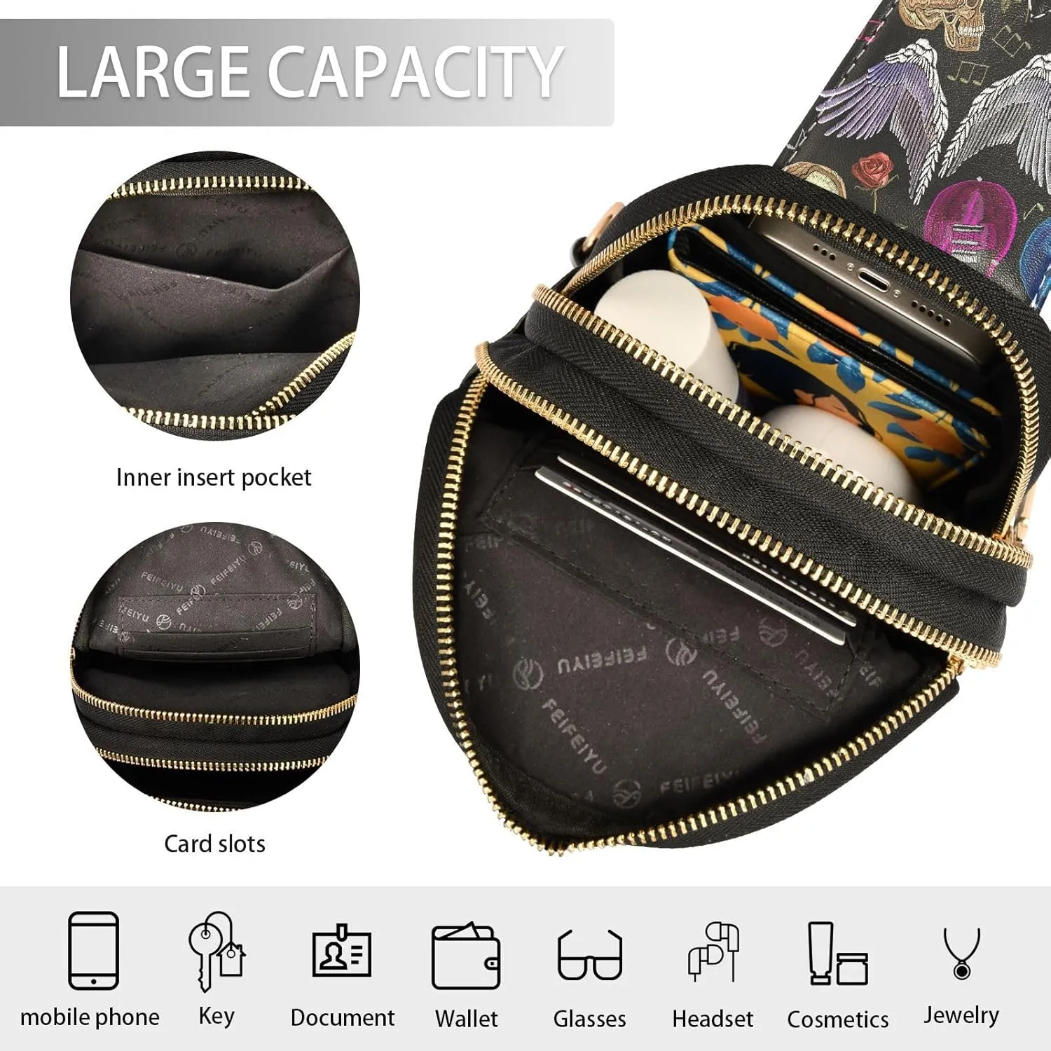 Small Sling Bag for Women Crossbody Embroidery Rock Music Fashion Leather Crossbody Bag for Women Wings Skull Guitar Trendy Crossbody Purse Fanny Pack with Adjustable Guitar Strap Outfit