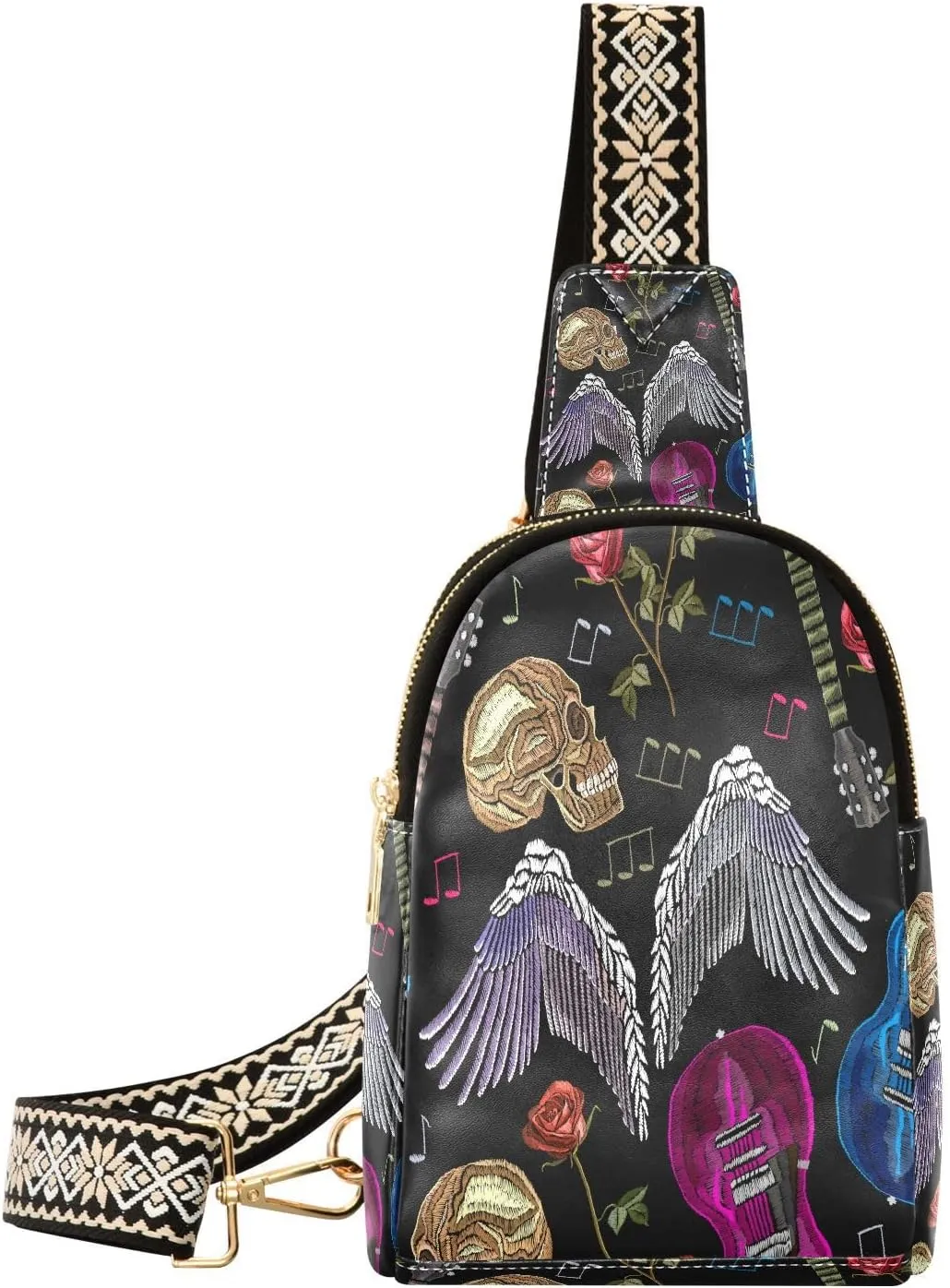 Small Sling Bag for Women Crossbody Embroidery Rock Music Fashion Leather Crossbody Bag for Women Wings Skull Guitar Trendy Crossbody Purse Fanny Pack with Adjustable Guitar Strap Outfit