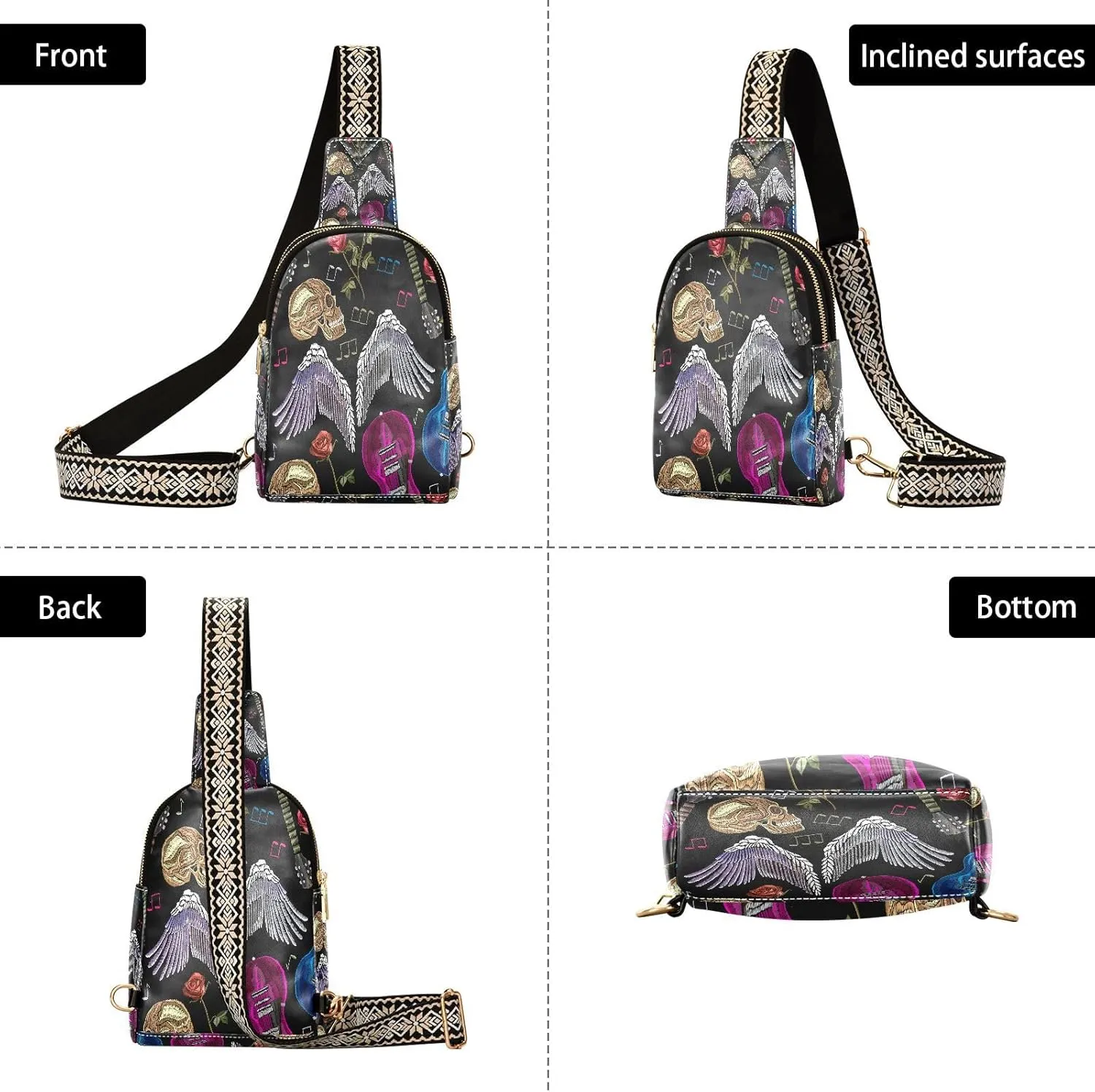 Small Sling Bag for Women Crossbody Embroidery Rock Music Fashion Leather Crossbody Bag for Women Wings Skull Guitar Trendy Crossbody Purse Fanny Pack with Adjustable Guitar Strap Outfit