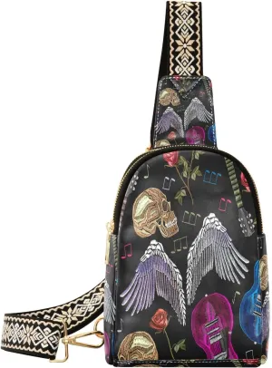 Small Sling Bag for Women Crossbody Embroidery Rock Music Fashion Leather Crossbody Bag for Women Wings Skull Guitar Trendy Crossbody Purse Fanny Pack with Adjustable Guitar Strap Outfit