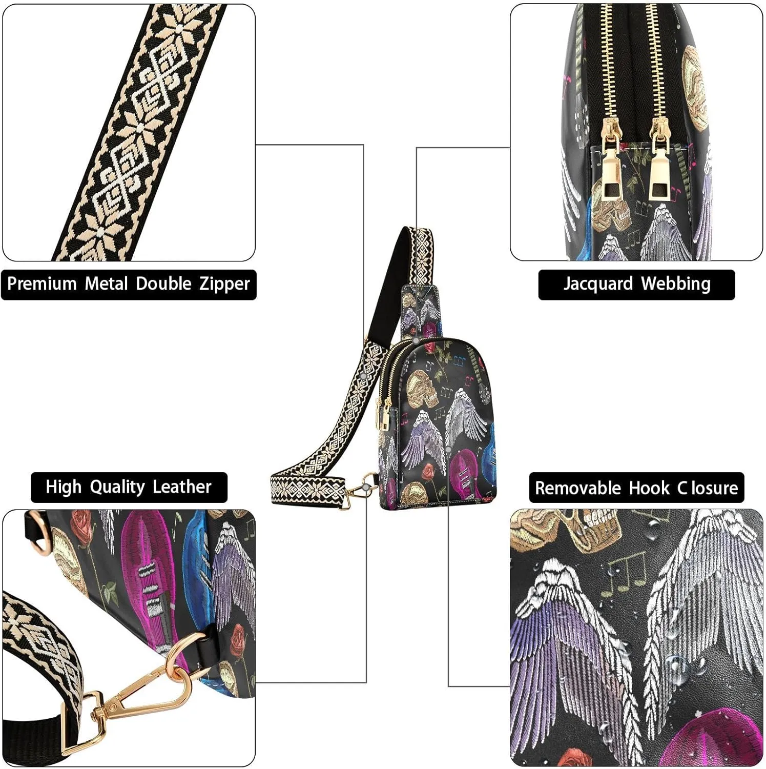 Small Sling Bag for Women Crossbody Embroidery Rock Music Fashion Leather Crossbody Bag for Women Wings Skull Guitar Trendy Crossbody Purse Fanny Pack with Adjustable Guitar Strap Outfit