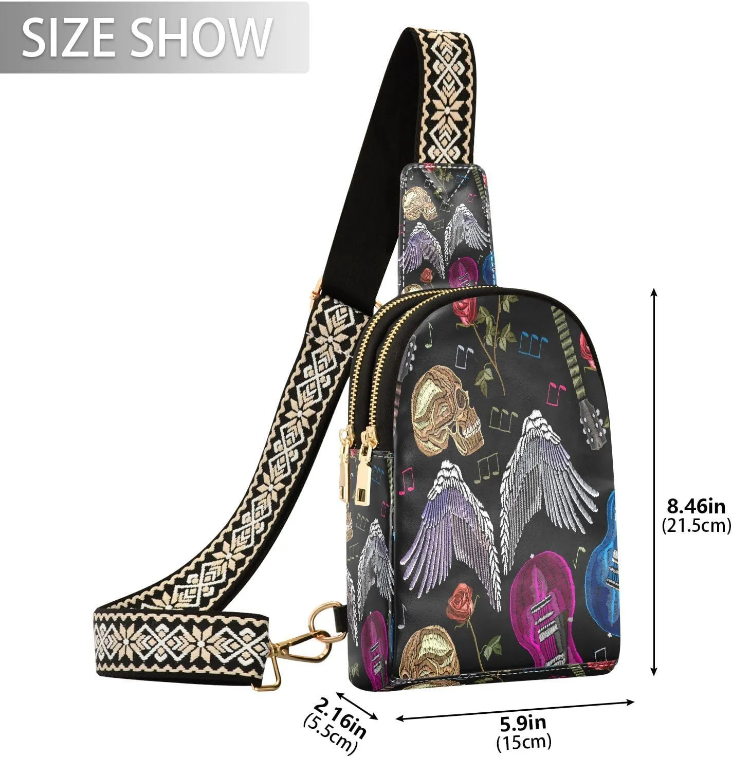 Small Sling Bag for Women Crossbody Embroidery Rock Music Fashion Leather Crossbody Bag for Women Wings Skull Guitar Trendy Crossbody Purse Fanny Pack with Adjustable Guitar Strap Outfit