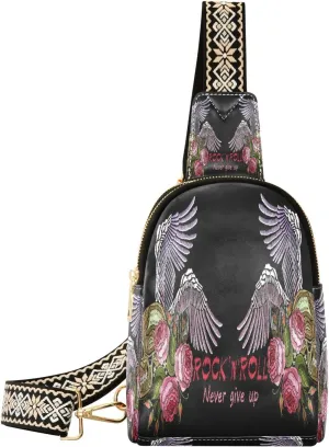 Small Sling Bag for Women Crossbody Embroidery Rock N'roll Music Fashion Leather Crossbody Bag for Women Wings Skull Trendy Crossbody Purse Fanny Pack with Adjustable Guitar Strap Outfit
