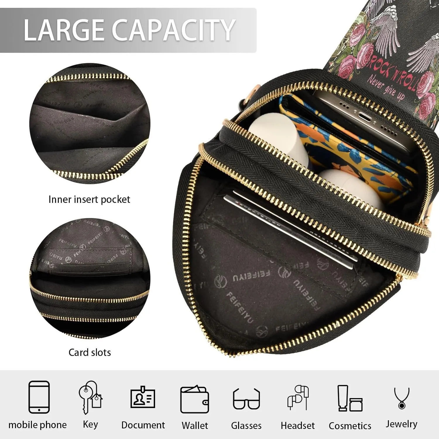 Small Sling Bag for Women Crossbody Embroidery Rock N'roll Music Fashion Leather Crossbody Bag for Women Wings Skull Trendy Crossbody Purse Fanny Pack with Adjustable Guitar Strap Outfit