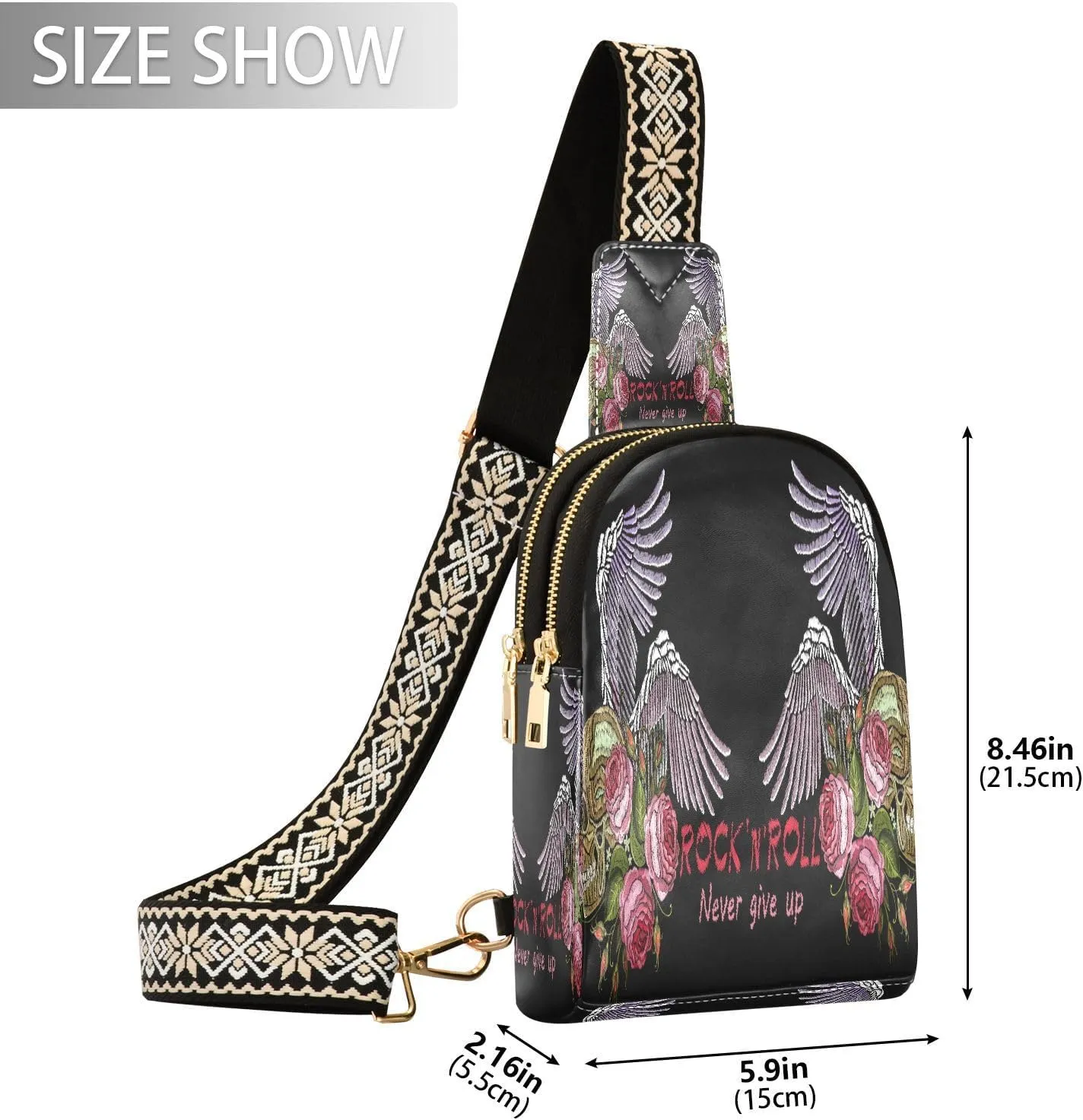 Small Sling Bag for Women Crossbody Embroidery Rock N'roll Music Fashion Leather Crossbody Bag for Women Wings Skull Trendy Crossbody Purse Fanny Pack with Adjustable Guitar Strap Outfit