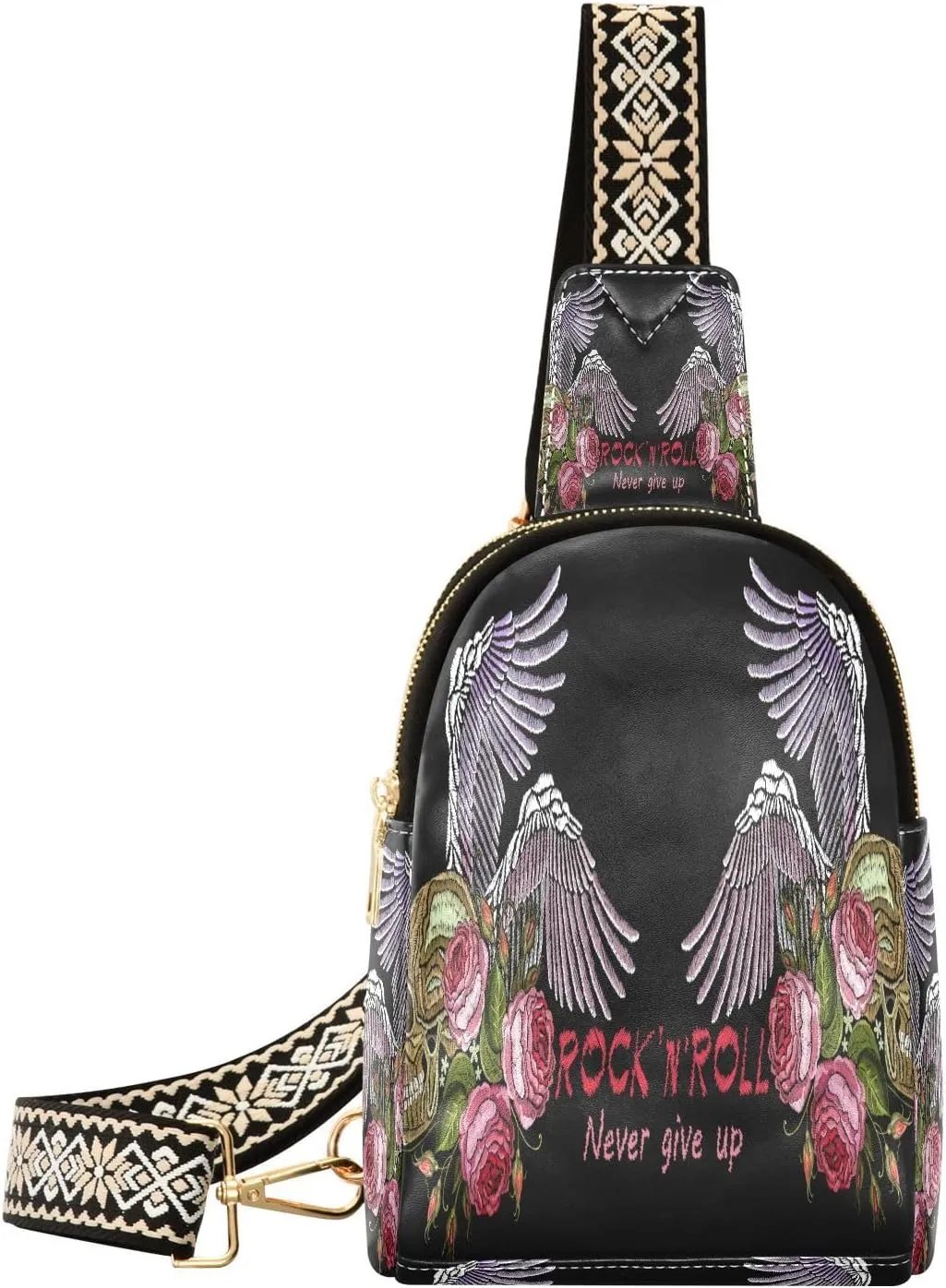 Small Sling Bag for Women Crossbody Embroidery Rock N'roll Music Fashion Leather Crossbody Bag for Women Wings Skull Trendy Crossbody Purse Fanny Pack with Adjustable Guitar Strap Outfit