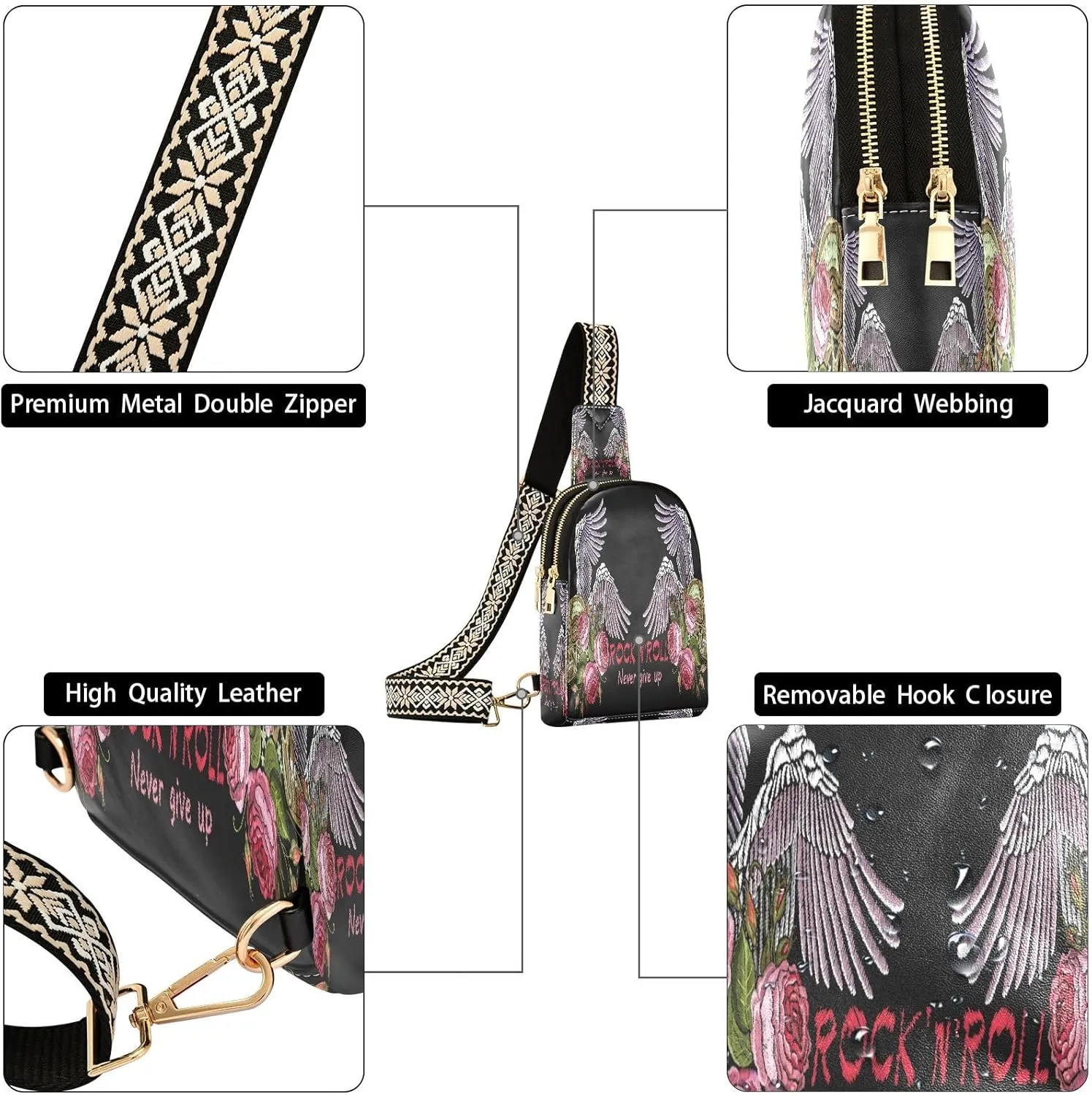 Small Sling Bag for Women Crossbody Embroidery Rock N'roll Music Fashion Leather Crossbody Bag for Women Wings Skull Trendy Crossbody Purse Fanny Pack with Adjustable Guitar Strap Outfit