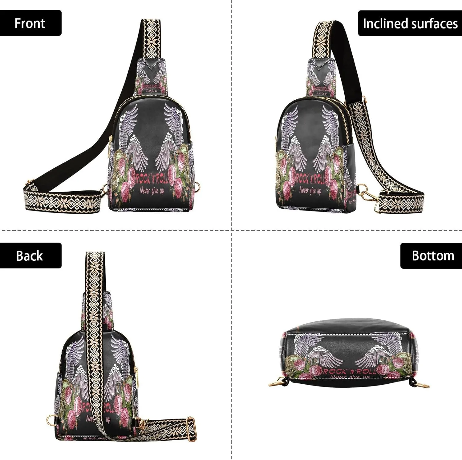 Small Sling Bag for Women Crossbody Embroidery Rock N'roll Music Fashion Leather Crossbody Bag for Women Wings Skull Trendy Crossbody Purse Fanny Pack with Adjustable Guitar Strap Outfit