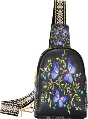 Small Sling Bag for Women Crossbody Floral Flowers Butterflies Fashion Leather Crossbody Bag for Women Embroidery Pattern Trendy Crossbody Purse Fanny Pack with Adjustable Guitar Strap Outfit