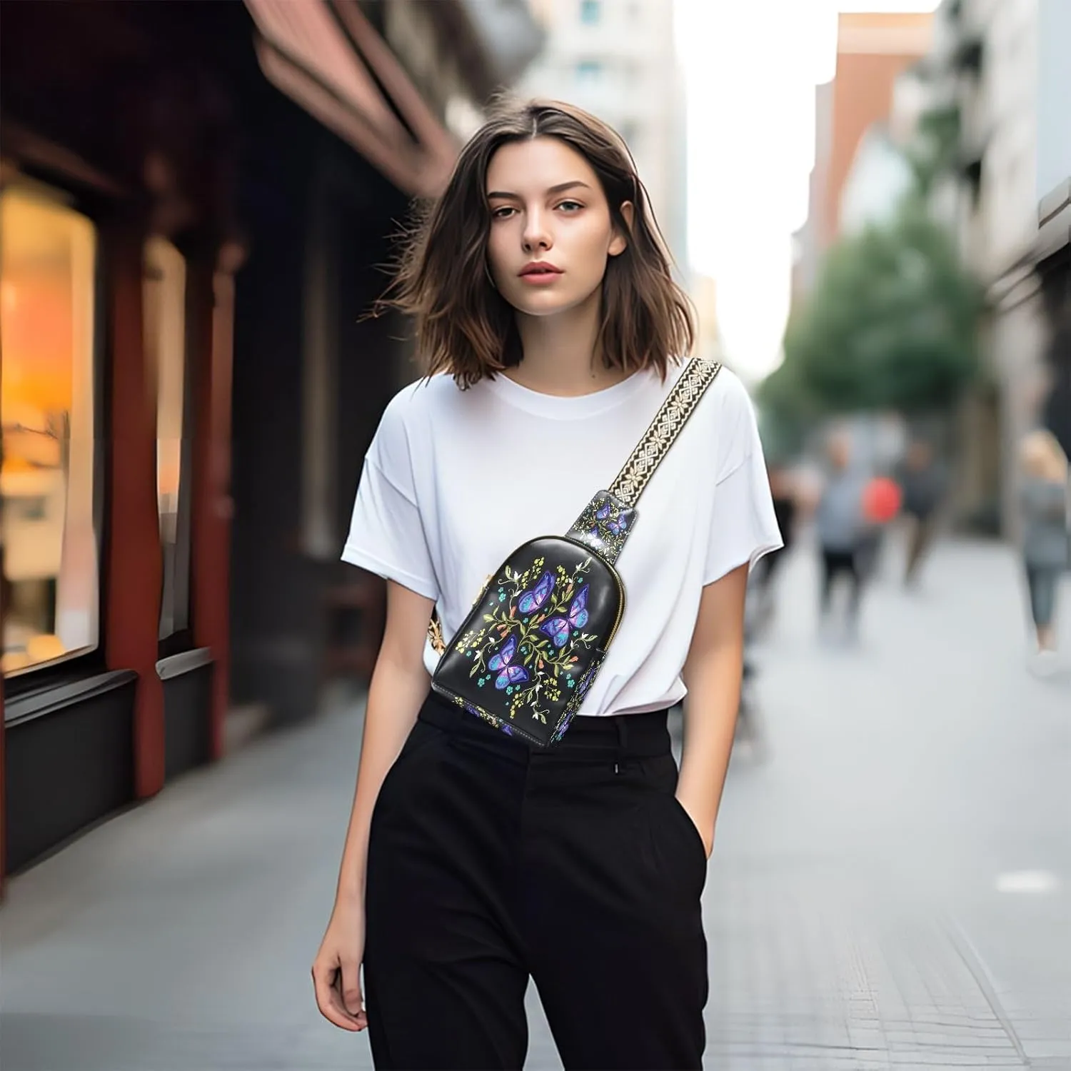 Small Sling Bag for Women Crossbody Floral Flowers Butterflies Fashion Leather Crossbody Bag for Women Embroidery Pattern Trendy Crossbody Purse Fanny Pack with Adjustable Guitar Strap Outfit