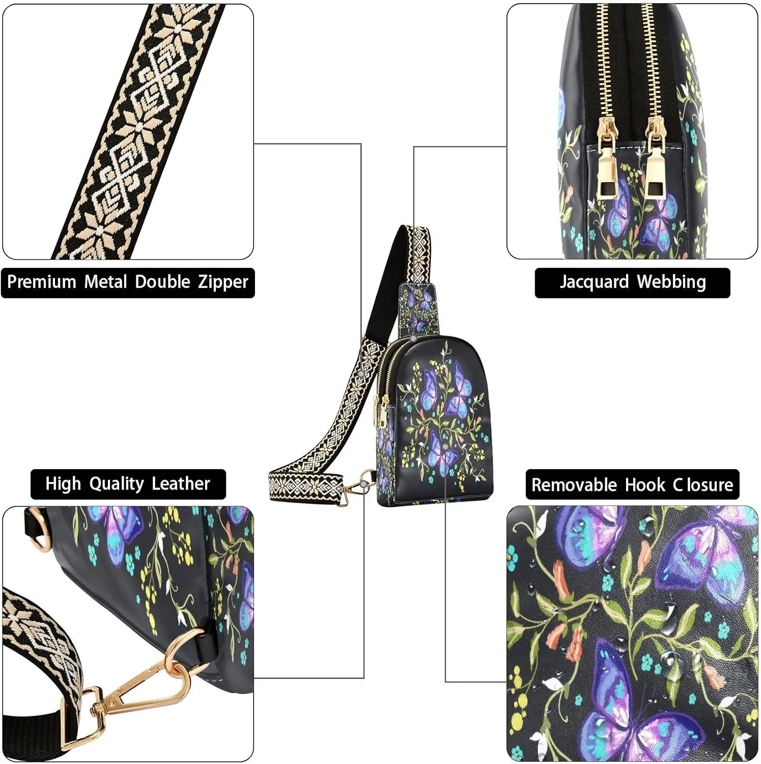 Small Sling Bag for Women Crossbody Floral Flowers Butterflies Fashion Leather Crossbody Bag for Women Embroidery Pattern Trendy Crossbody Purse Fanny Pack with Adjustable Guitar Strap Outfit